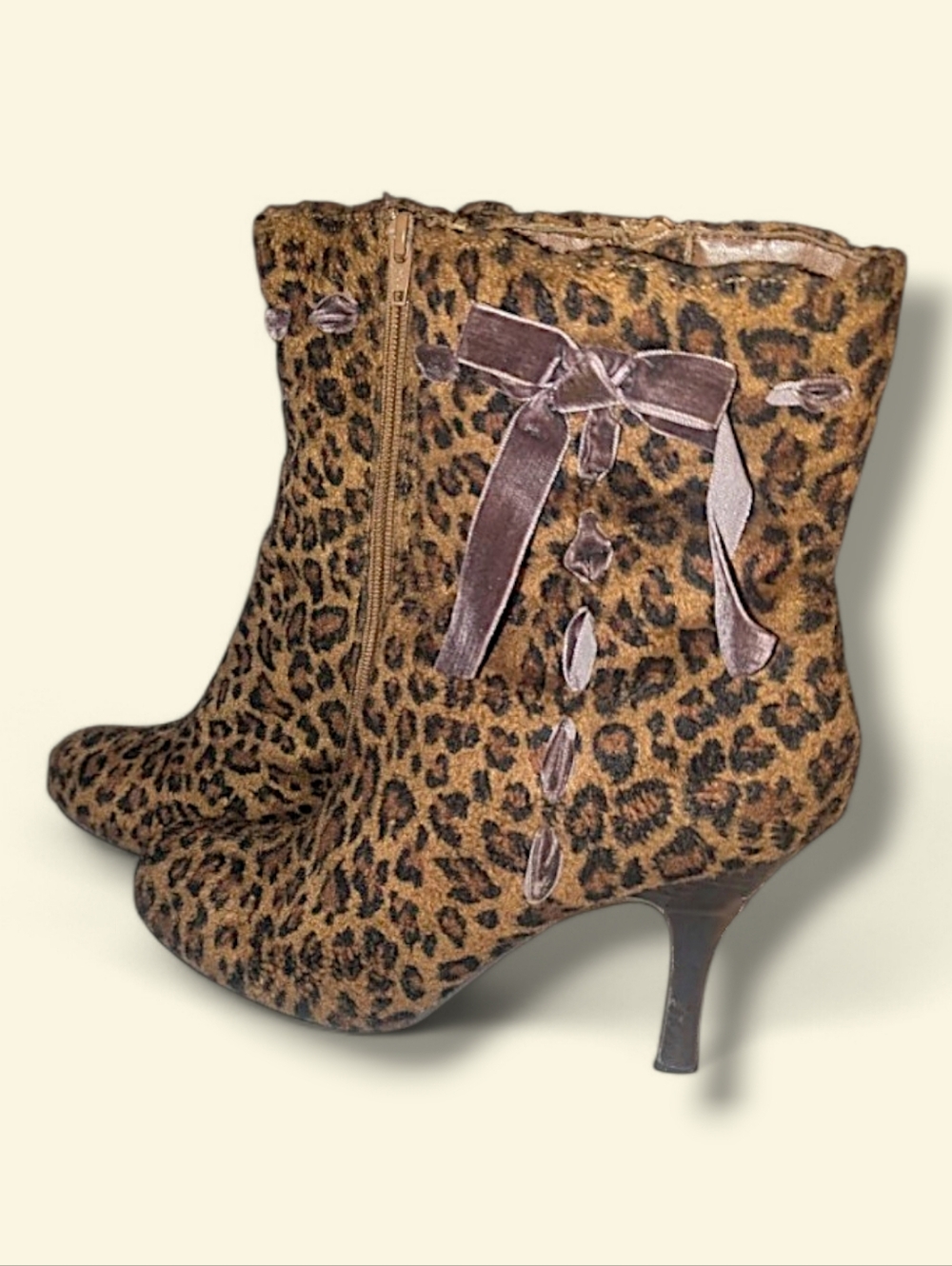 Leopard Print Velvet Ankle Boots with Ribbon Detail - Women